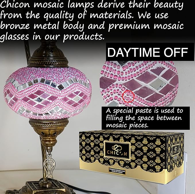 CHICON Handmade Mosaic Turkish Lamp | Genuine Glass Mosaic | A Piece of Art in Unique Lamps | Antique Vintage Lamp | Tiffany Boho Lamp | Moroccan Bohemian Small Table Lamp - SWAN Wave Light Pink