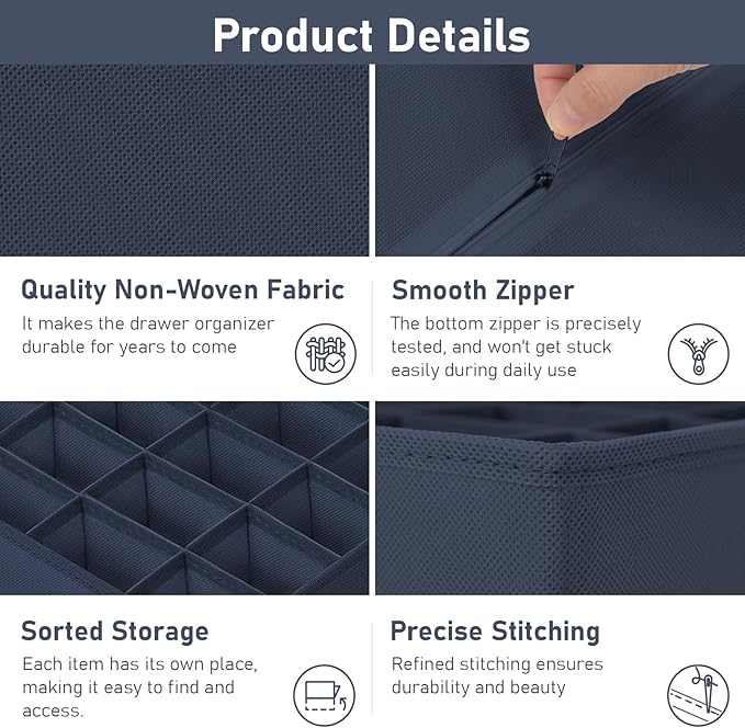 Joyoldelf Sock Drawer Organizer Divider 4 Packs Underwear Organizer, 2 x 24 Cell + 2 x 16 Cell Closet Organizers and Storage Sock Holders for Storing Socks, Handkerchiefs, Ties, Belts (Navy Blue)