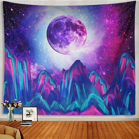 Trippy Psychedelic Tapestry Mountain Moon Galaxy Star Night Sky Universe Space Blue Starry Sky Wall Hanging Clouds Tree Aesthetic Wall Art for Bedroom Teen Girl Living Room 60x80