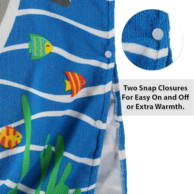 Boys and Girls Absorbent Hooded Beach Towel Pullover Character Microfiber Bath Towel with Side Snaps (Shark, 2-3T)