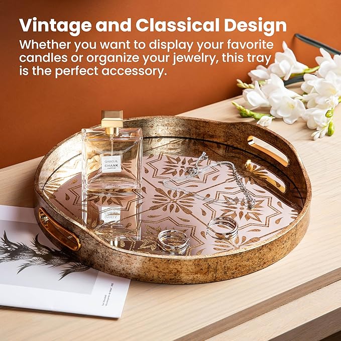 Glitzhome Set of 2 Large Gold Mirror Decorative Trays with Handles, Round Abstract Vanity Jewelry Perfume Tray Dresser Tray, Vintage Jewelry Organizer Makeup Trays