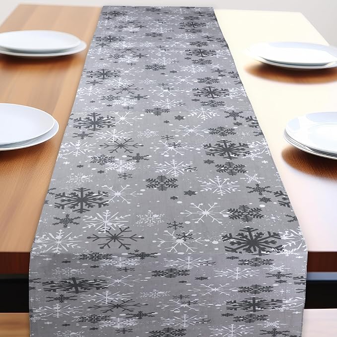 Urban Villa Christmas TableRunner Grey Snowflake Table Runner 14”x72” 100% Cotton Over Sized Runner Heavier Quality Table Runner for Christmas Celebrations Dining WeddingDinner Parties Everyday Use