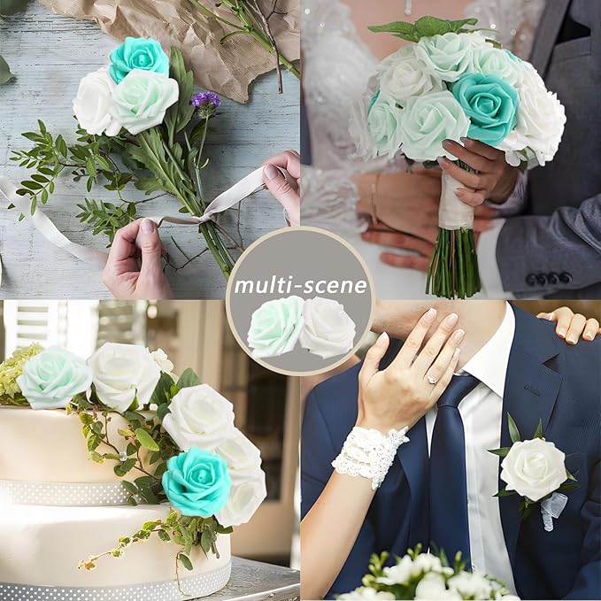50PCS Artificial Flowers Green Series Roses Real Looking Foam Fake Roses with Leaves and for DIY Wedding Bouquets Bridal Shower Centerpieces Party Decorations (Green Series, 50)