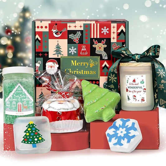 Christmas Spa Gifts for Women - Christmas Gift Ideas, Christmas Candles Gift, Christmas Gift Baskets for Women, Mom, Sister, Wife, Friend with Candle, Bath Bombs, Bath Salt, Soaps, Christmas Packaging
