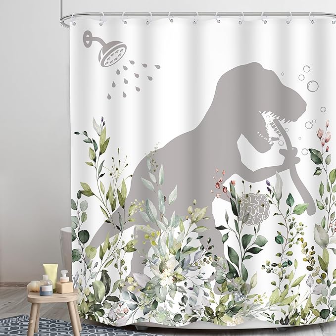 LGhtyro Dinosaur Eucalyptus Kids Shower Curtain Bathroom Set 60Wx71H Inches Funny Dino Bathing Silhouette Rustic Plant Leaves Floral Bath Accessories Botanical Leaf Art Home Decor Fabric 12 Pack Hooks