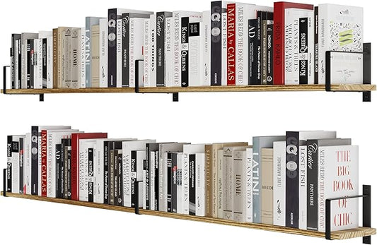 Wallniture 2pc 60x6inch Rustic Floating Shelves, Paulownia Wood, Burnt, for Living Room, Bedroom, Kitchen, Home Office, Book Shelf, 20kg Capacity