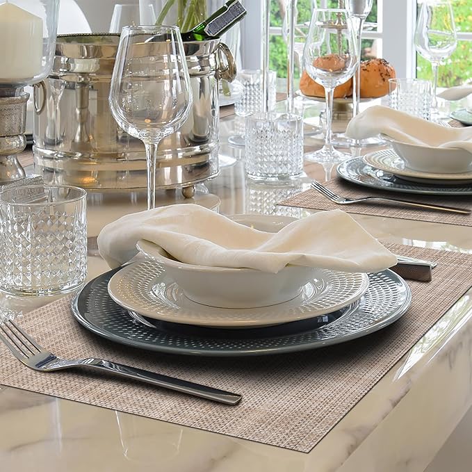 Winknowl Placemats Set of 8 Woven Vinyl Insulation Indoor Place mats for Dining Table, Washable Durable PVC Table Mats (Caramel)