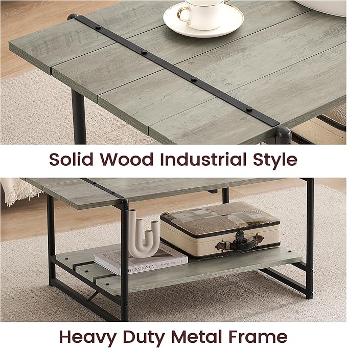 2-Tier Farmhouse 41'' Large Gray Wood Coffee Table with Storage Shelf -Modern Rustic Metal Rectangle Center Living Room Coffee Table Accent Furniture for Home Office,Easy Assembly(Grey)