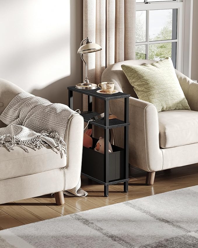 Small Narrow Side Table with Charging Station, Skinny End Table with Fabric Basket, Slim Nightstand for Small Spaces, Sofa Side Table, for Living Room, Bedroom, Black TBZ07UBB