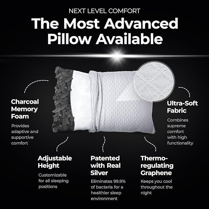 Silvery Memory Foam Bed Pillow - Patent-Pending Clean & Cool Technology - Adjustable Pillows for Side, Back & Stomach Sleepers, Queen Size 19” x 29”