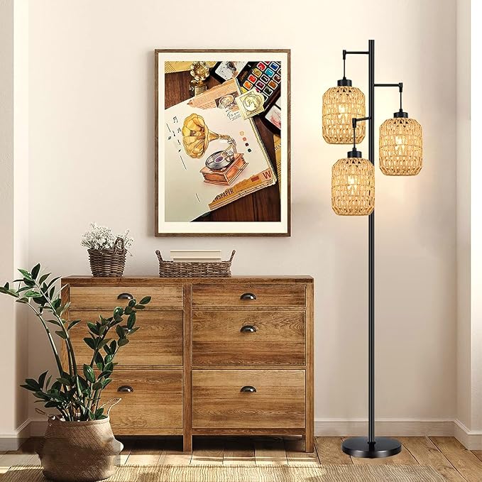 Floor Lamp for Living Room,Bedroom,Boho Rattan Tree 3 Lights Farmhouse Floor Lights,Industrial Black Standing Lamp Wicker Rustic Tall Lamp,Woven Bamboo LampShade Floor Lamps Bohemian