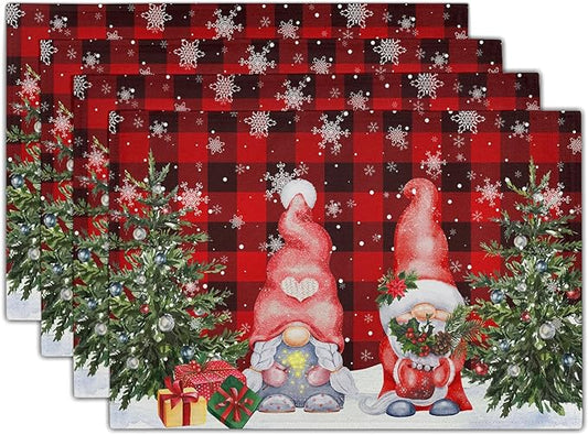 Giwawa Winter Gnomes Placemats Set of 4, Christmas Snowflakes Xmas Trees Linen Table Mats, Red Black Buffalo Plaids Non-Slip Place Mats for Kitchen Dining Holiday Decor, 12x18 Inch