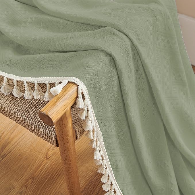 Joydeco Sage Green Boho Curtains 96 Inches Long 2 Panels, Super Soft Bohemian Farmhouse Curtains with Tassels, Semi Sheer Light Filtering Drapes for Bedroom Living Room (Rod Pocket, 52Wx96L)