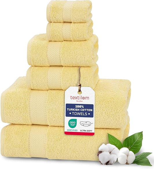 TEXTILOM 6 Pcs Bath Towel Set – Hotel and Spa Quality & Soft & Absorbent & Quick Dry Bath Towels for Bathroom –100% Turkish Cotton Bathroom Towels Set (2 Bath Towels,2 Hand Towels,2 Washcloths)-Yellow