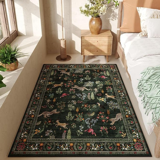 Bedroom Rug 3x5 Rug Washable Area Rug Non Slip Low Pile Boho Floral Animal Small Carpet for Bedroom, Bedside, Kitchen, Entryway, Kids Room, Office, College Dorm Essentials for Girls (Green)