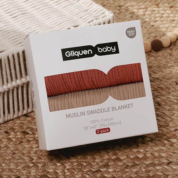 GLLQUEN BABY Muslin Swaddle Blankets for Boy and Girl, 2 Pack Neutral Baby Receiving Blankets, Soft and Breathable Newborn Essentials, Registry & Gift