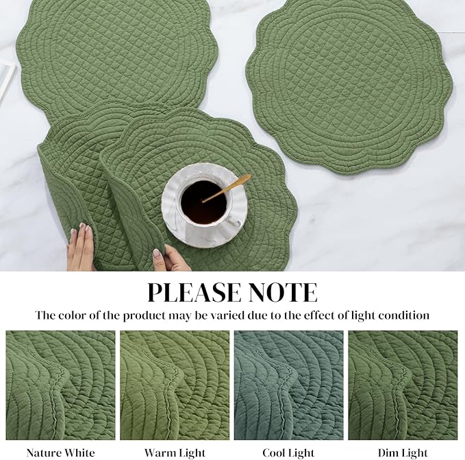 HOMBYS Quilted Placemats Set of 6 Washable Round Placemats for Kitchen Table-100% Cotton Fabric 13 Inch Round Table Mats, Cotton Fabric with Microfiber Filling (13"x13", Emerald Green)