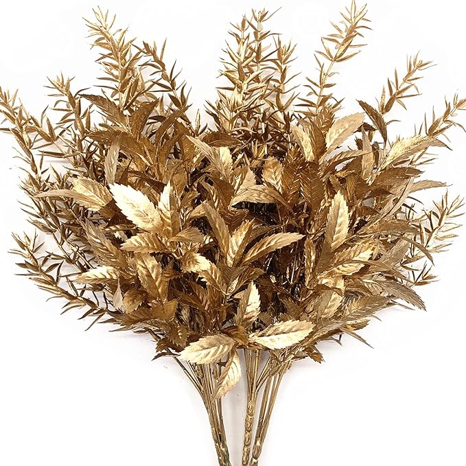 CATTREE Artificial Gold Plants for Christmas, Golden Leaves Plant Plastic Faux Shrubs Fake Simulation Spiky Grass Bushes for Indoor Outdoor Wedding Decoration Hall Table Planter Filler 4 Pack