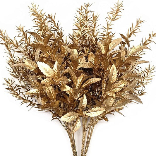 CATTREE Artificial Gold Plants for Christmas, Golden Leaves Plant Plastic Faux Shrubs Fake Simulation Spiky Grass Bushes for Indoor Outdoor Wedding Decoration Hall Table Planter Filler 4 Pack
