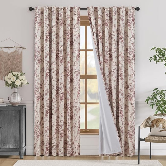 jinchan Blackout Linen Blend Curtain Floral Blackout Curtains for Living Room 90 Inch Length Brick Red Printed with Lined Blackout Curtain for Bedroom Farmhouse Curtains Set 2 Panels
