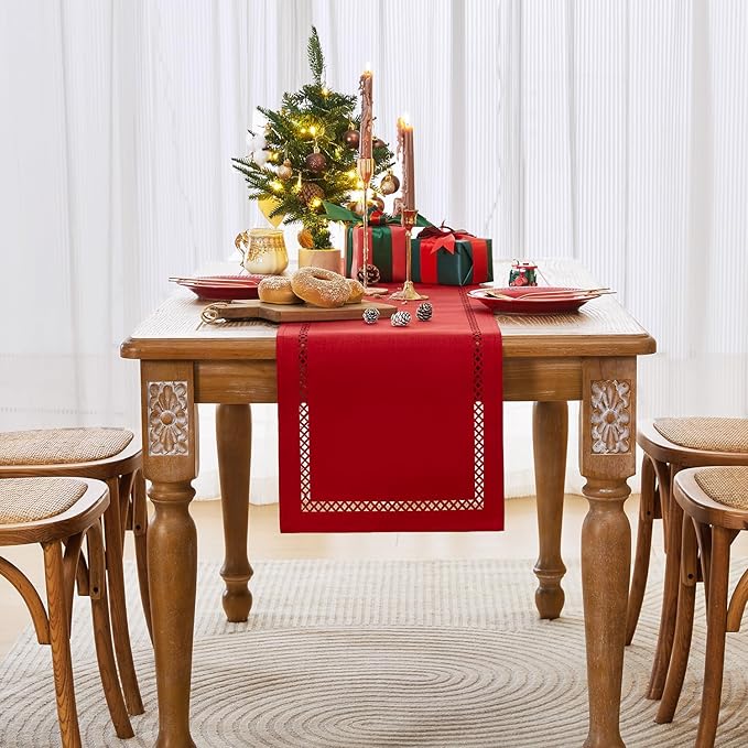 Burlap Style Farmhouse Table Runner, 13 x 108 Inch Red, Rustic Geometric Hollow Table Runners 108 Inches Long for Dresser Table Everyday Use, 13x108 Inches, Red