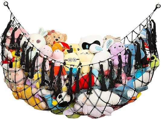 Stuffed Animal Hammock Corner Hanging Net Plush Toy Organizer Macrame Stuffed Animal Storage Display for Teddy Net Corner Toy Net for Bedroom-Black