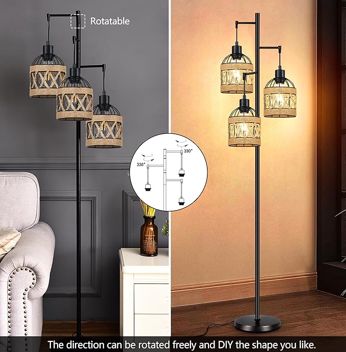 Floor Lamp for Living Room,Bedroom,3-Lights Boho Rattan Tree Floor Lights,Industrial Black Farmhouse Standing Lamp Wicker Rustic Tall Lamp,Woven Bamboo LampShade Floor Lamps Bohemian