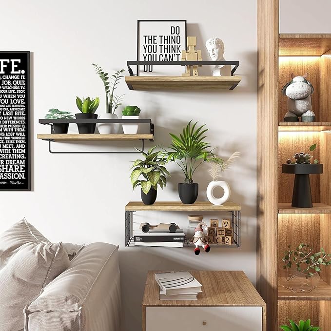 Towel Racks for Bathroom Wall Mounted, 3PCS Floating Shelves with Storage Basket, Bathroom Organizes, Wall Mounted Rustic Wood Shelves for Bedroom, Living Room, Kitchen (Wood)