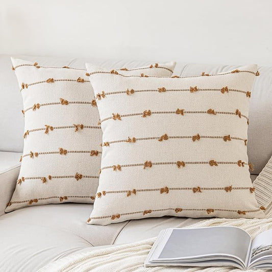 Boho Throw Pillow Covers 24x24 Set of 2 Modern Farmhouse Decorative Cushion Case Tufted Square Pillows Cover Neutral Pillow Cases Accent Pillowcase for Sofa,Couch,Bed,Beige and Brown