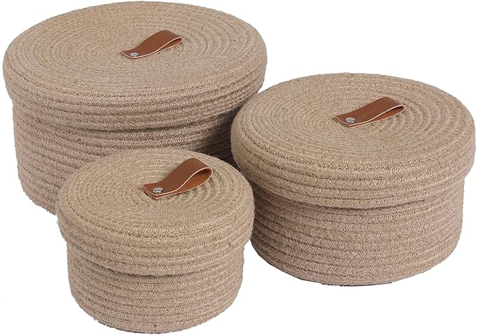 Cottonphant Set of 3 Stylish Round Woven Baskets with Lids - Elegant Storage Solution for Home Decor and Organization - Compact Shelf Baskets (Jute, 10"x6"-8"x5"-6"x4")