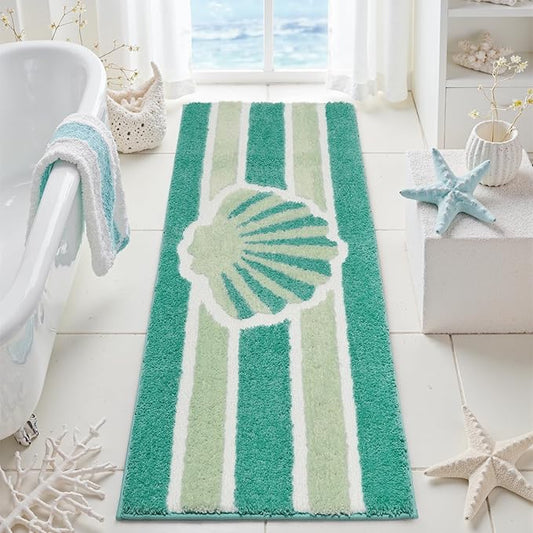 Green Beach Long Bathroom Rugs Non Slip Washable Cute Coastal Bath Mats Rugs for Bathroom Floor Nautical Fluffy Plush Soft Absorbent Farmhouse Carpet for Shower, Tub, 24x60 inch