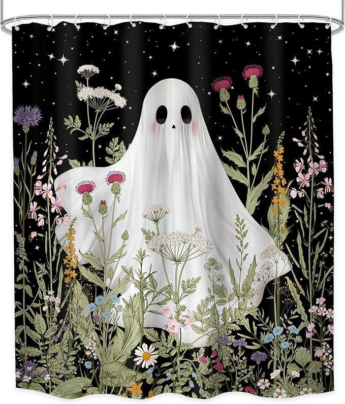 LGhtyro Funny Ghost Kids Shower Curtain Bathroom Set 60Wx71H Inches Halloween Spooky Wildflower Floral Rustic Plant Leaf Botanical Bath Accessories Starry Night Sky Art Home Decor Fabric 12 Pack Hooks