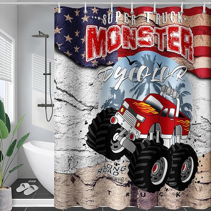 AILONEN Monster Truck Shower Curtain, American Flag Truck Bath Curtain for Boys,Red Truck Car Bathroom Decor Waterproof Fabric 72" W*84" H Inch with 12 Plastic Hooks