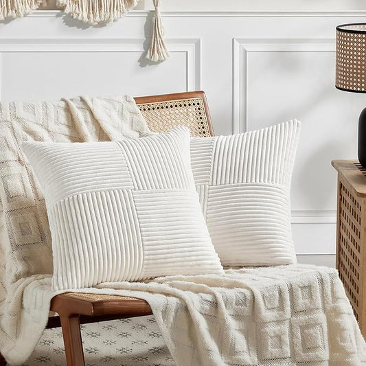 Fancy Homi 2 Packs Cream White Samll Decorative Throw Pillow Covers 12x12 Inch with for Couch Bed Sofa, Rustic Farmhouse Boho Home Decor, Soft Corss Patchwork Corduroy Square Cushion Case 30x30 cm