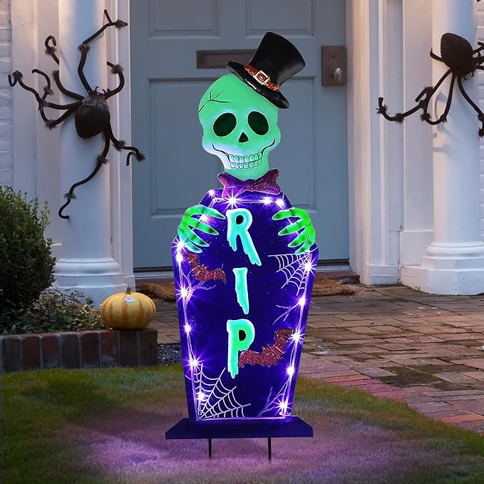 Joliyoou Halloween Yard Stake, 26.4" Solar Lighted Metal Tombstone with Glow in The Dark Ghosts, 18 LED Purple Lights Spooky Yard Sign for Outdoor Front Door Yard Lawn Garden Decorations