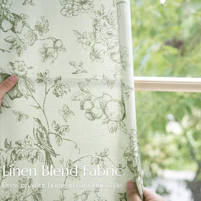 jinchan Linen Floral Curtains for Living Room 63 Inch Long Sage Green Printed Flower French Country Curtain Farmhouse Cottage Core Toile Curtains Back Tab Light Filtering Window Drapes Set 2 Panels