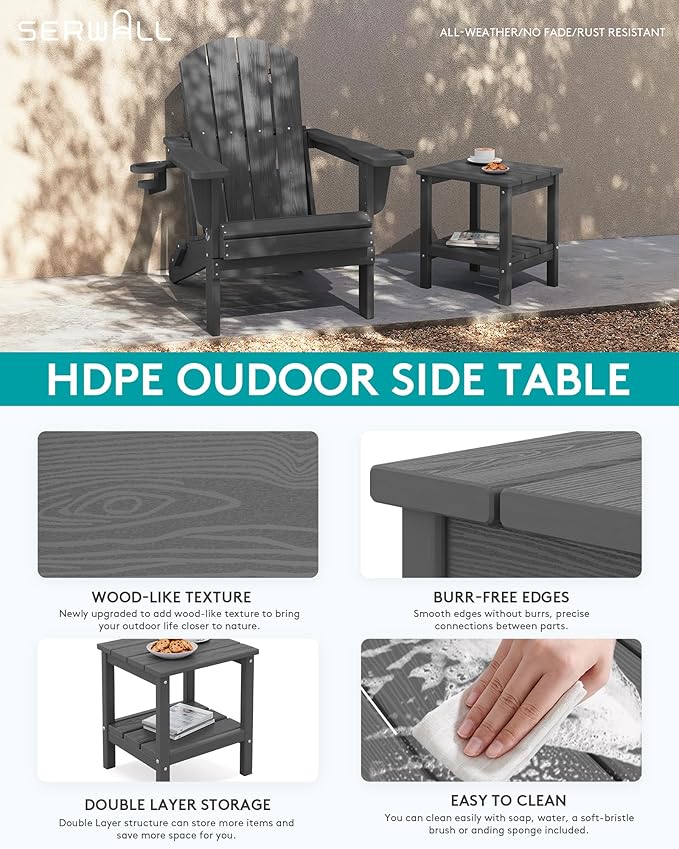 SERWALL 2-Tier HDPE Outdoor Side Tables Set of 4, Weatherproof Rectangular Adirondack Side Table, Gray