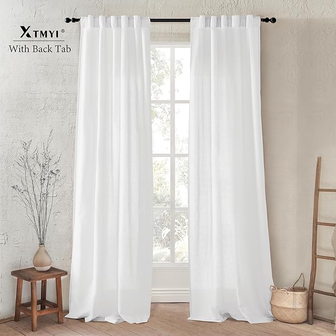 XTMYI 86 Inches Long Back Tab/Hook Belt Linen Cotton Sheer Curtains for Bedroom Living Room,2 Panels,40 Inch Wide,White