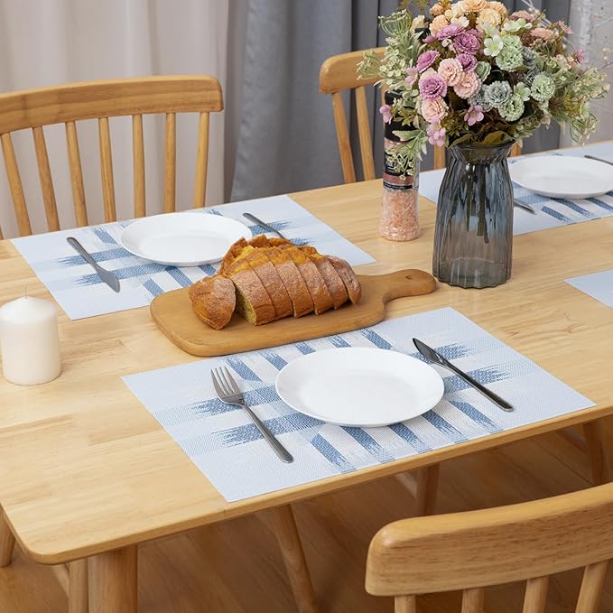 Winknowl Placemats Set of 4, Heat Resistant Stain Resistant Woven Vinyl Insulation Place mats, Durable Washable Elegant Table Mats for Kitchen Dining Table Decor (Geometric Blue)