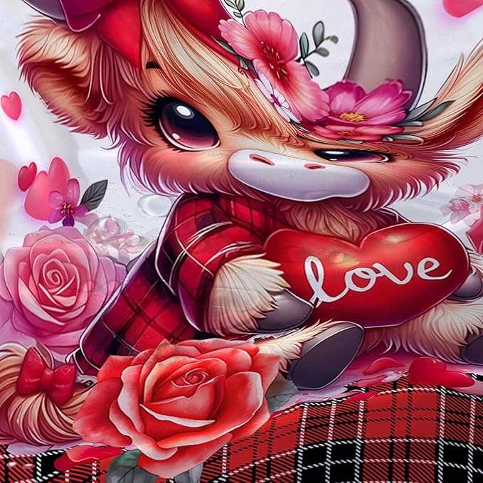 AILONEN Cartoon Yak Shower Curtain Set, Lovely Red Rose Cow Polyester Waterproof Shower Curtain for Bathroom,Love Scottish Tartan Theme Cloth Bath Curtain Set with Hooks,72" Wx78 H
