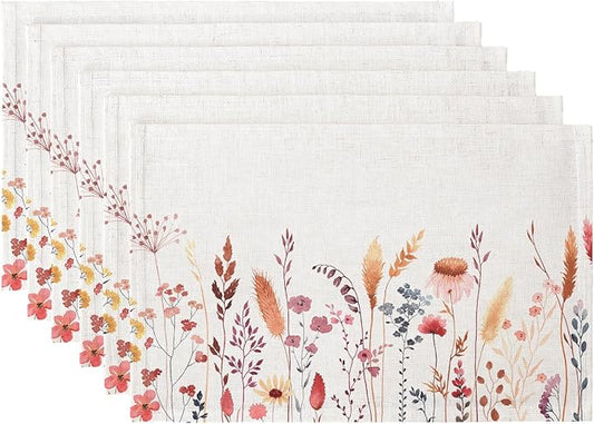 QIYI Boho Placemats Set of 6, 12x18 Inch Linen Fabric Floral Place Mats for Kitchen Dinning, Farmhouse Rustic Cloth Table Mats, Washable Placemat Party Table Décor, Autumn Wildflowers