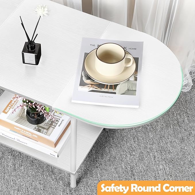 White Coffee Tables for Living Room,2-Tier Small Coffee Table Industrial Modern Oval Center Table with Storage Shelf and Wood Tabletop,for Small Space,Home Office