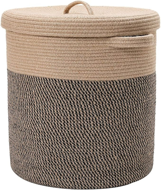 Extra Large 16" x 16" x 18" Storage Basket with Lid, Cotton Rope Laundry Hamper, Cloth Bin for Clothes, Towels, Blankets, Pillows in Living Room, Jute/Black Mix Basket