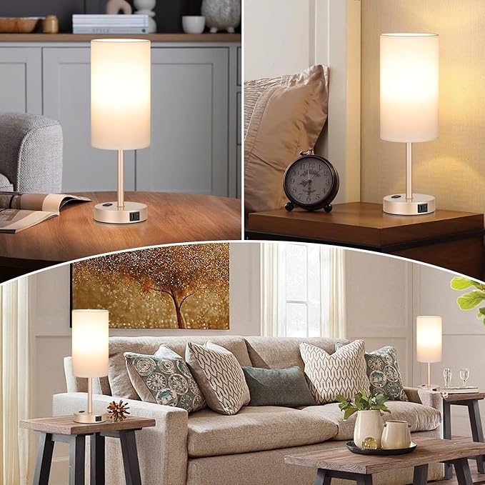 17inches Tall Touch Bedside Table Lamps Set - 3 Way Dimmable Bedroom Lamp Set of 2 with USB C and A Ports, Lamps for Nightstand with AC Outlet, Gold Base Round Flaxen Shade for Desk, Office, Dorm
