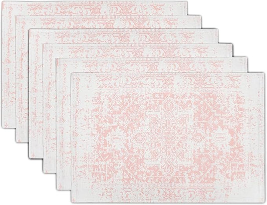 Gray Pink Boho Placemats Set of 6 Ethnic Bohemian Carpet Place Mats Washable Kitchen Dining Vintage Grey Geography Floral Linen Table Mats Stain Heat-Resistant for Home Party Indoor 12x18 in