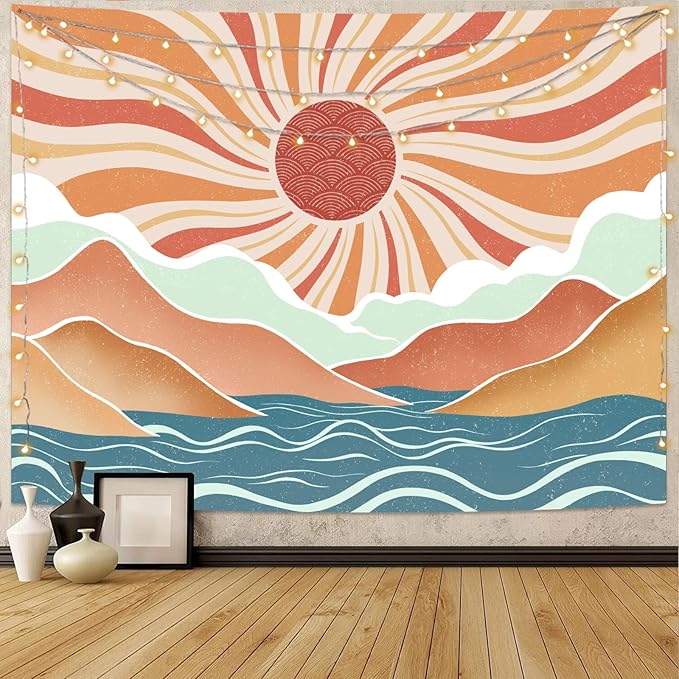 Lunerfex Boho Sun Tapestry Sunset Wall Tapestry, Mountain Tapestries for Bedroom 80s Tapestries Wall Hanging for Bedroom Living Room Wall Decor Boho-2 70"x90"
