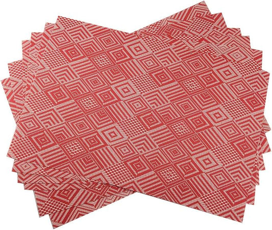 Luxury Placemats Set of 6, Heat-Resistant, Stain Resistant PVC Table Mats (Red Argyle)