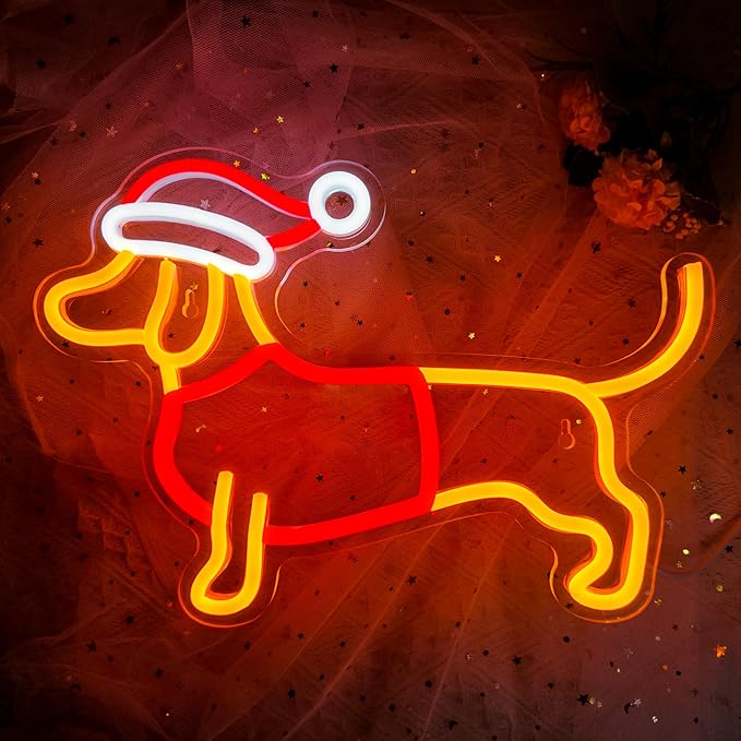 Dimmable Dachshund Neon Sign - Cute Dog with Christmas Hat - Led Light Sign for Home, Bedroom, Party Decor