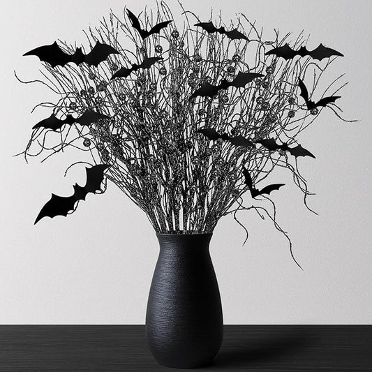 21Pcs Halloween Decorations Black Artificial Branches Picks Decor Berry Stems Tree Glittery Curly with 24Pcs Bats for Flowers Arrangement Floral Bouquet Vase Party Supplies