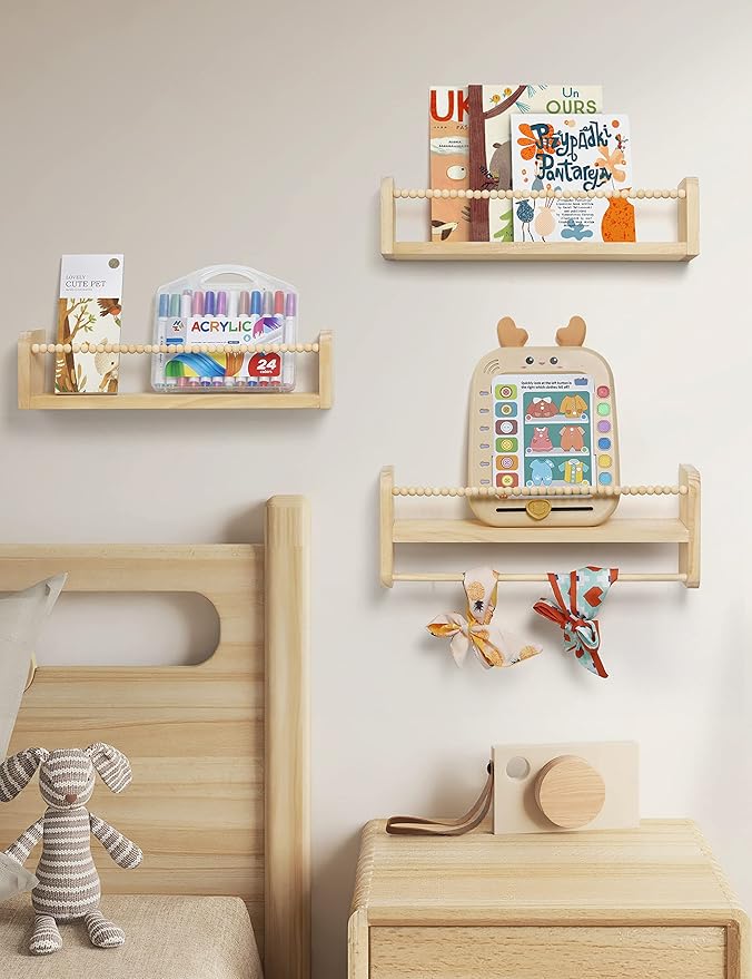 Nursery Floating Shelves for Wall, Set of 3 Book Shelves Natural Wood Wall Mounted Organizer with Towel Bar Hanging Bookshelves Nursery Decor for Kids Room, Bedroom and Kitchen